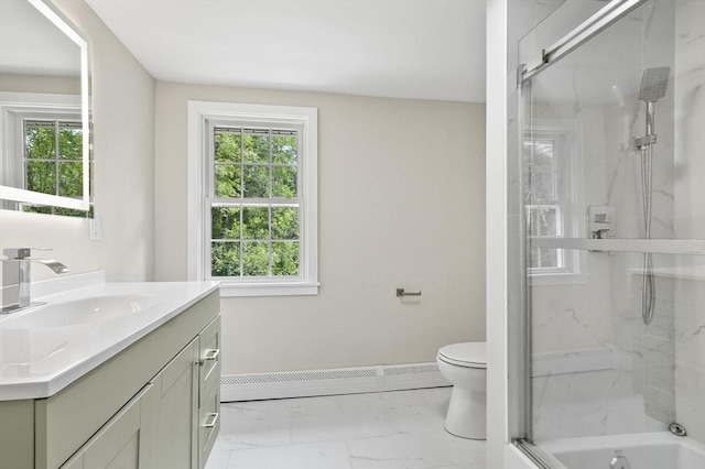 full bathroom with marble finish floor, a marble finish shower, a baseboard radiator, toilet, and vanity