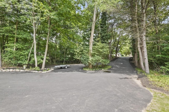 view of road featuring a wooded view