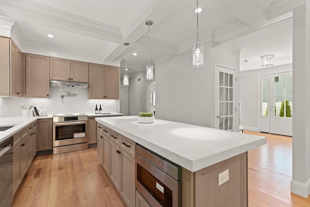 kitchen featuring stainless steel appliances, backsplash, beamed ceiling, light wood finished floors, and coffered ceiling