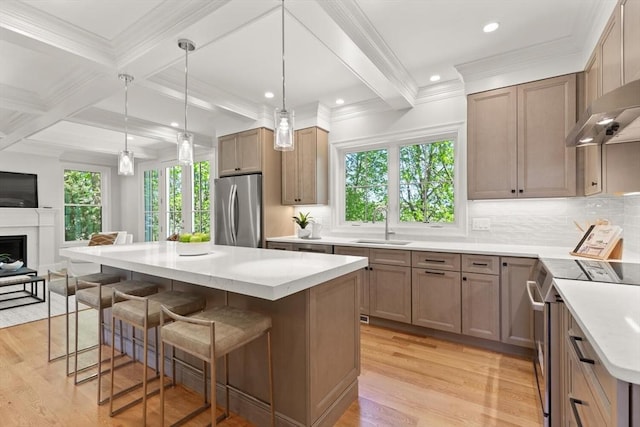 kitchen featuring appliances with stainless steel finishes, a sink, open floor plan, a breakfast bar area, and light wood finished floors