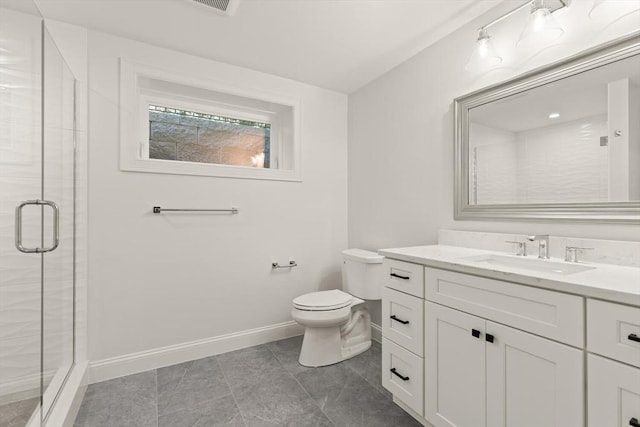 full bath with baseboards, a shower stall, toilet, and vanity