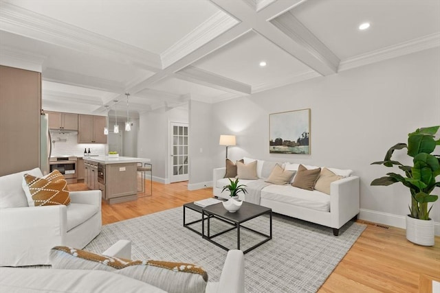 living area featuring light wood-style flooring, baseboards, coffered ceiling, beam ceiling, and recessed lighting