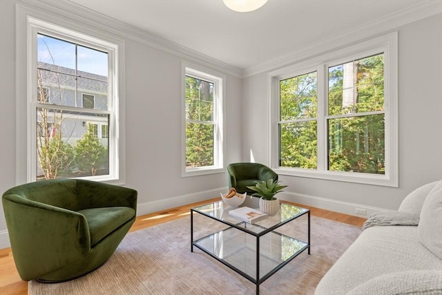 sitting room with baseboards, ornamental molding, and light wood finished floors