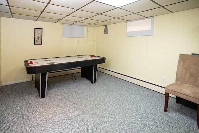 136 Maryland Ave, Somerset, MA 02726 - rec room with baseboard heating, a drop ceiling, carpet, and baseboards