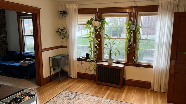 135-137 Summer St, Waltham, MA 02452 - dining area with radiator, light wood-style flooring, and baseboards