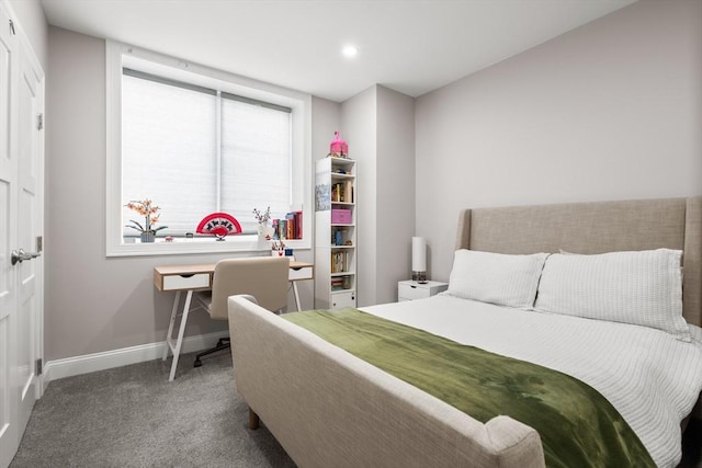 bedroom featuring carpet, baseboards, and recessed lighting