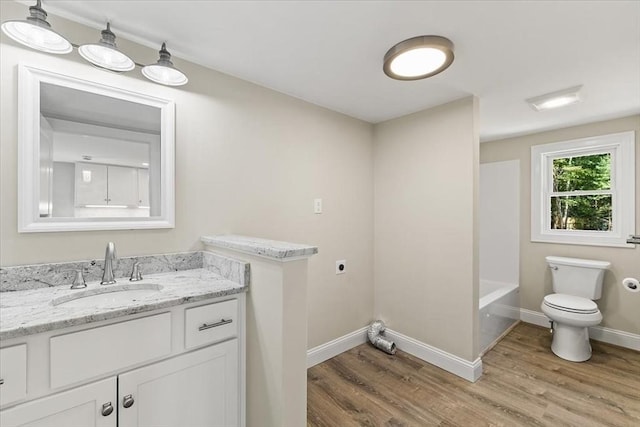 bathroom featuring toilet, wood-type flooring, and vanity