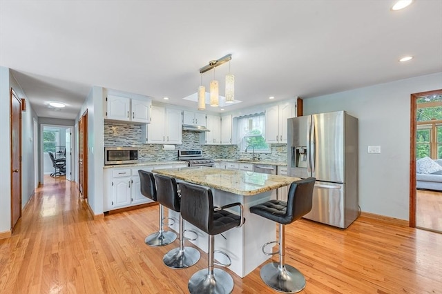 kitchen with stainless steel appliances, a sink, under cabinet range hood, light wood finished floors, and tasteful backsplash