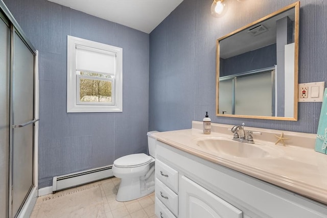 bathroom featuring a baseboard radiator, a stall shower, vanity, and toilet