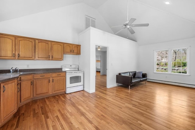 kitchen featuring white range with electric stovetop, a sink, a baseboard heating unit, high vaulted ceiling, and brown cabinets