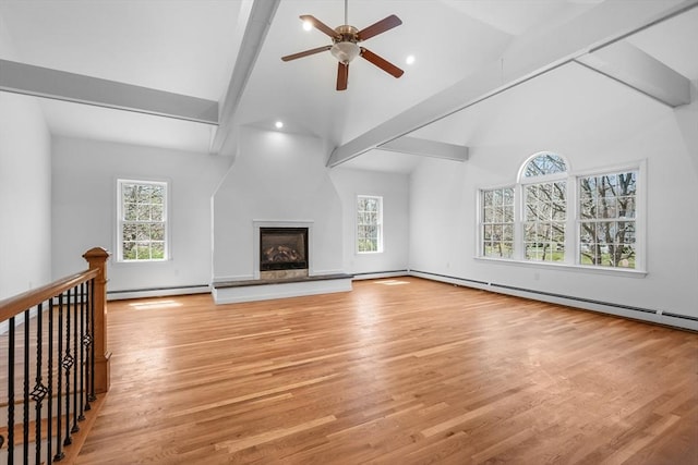 unfurnished living room featuring a baseboard heating unit, a ceiling fan, light wood-type flooring, beamed ceiling, and high vaulted ceiling