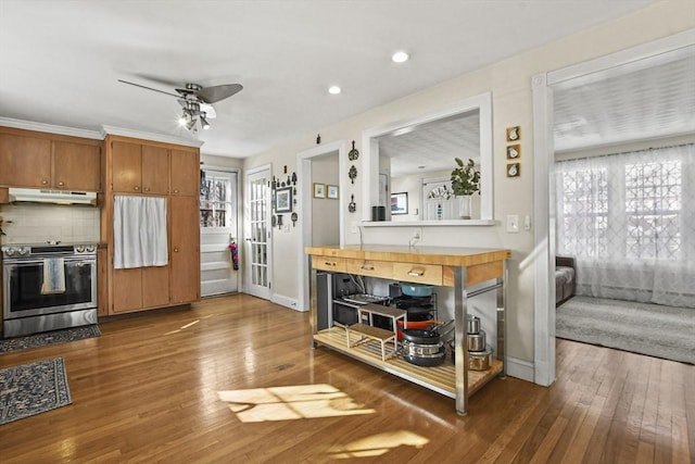 kitchen featuring stainless steel electric stove, ceiling fan, backsplash, and dark hardwood / wood-style flooring