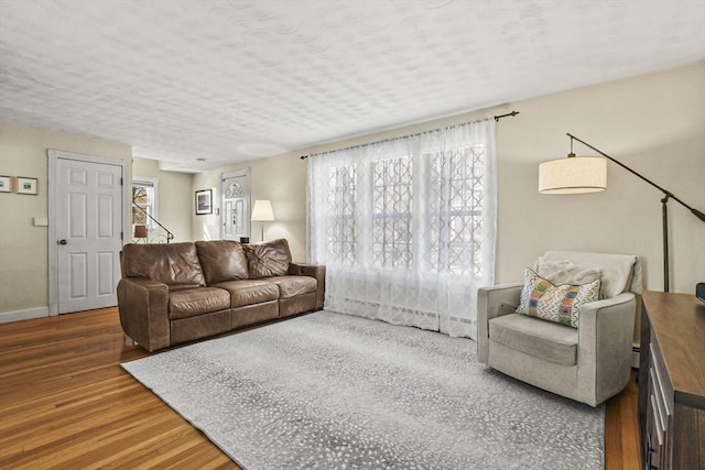 living room featuring hardwood / wood-style floors and a textured ceiling