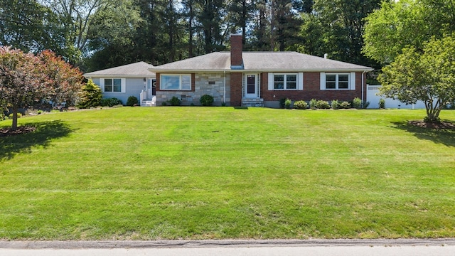 57 Hampton St, Auburn, MA 01501 - ranch-style house with a chimney, a front yard, brick siding, and entry steps