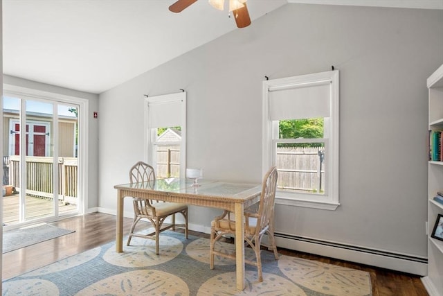 22 Janet St, Plymouth, MA 02360 - dining area featuring lofted ceiling, wood finished floors, a ceiling fan, and baseboard heating
