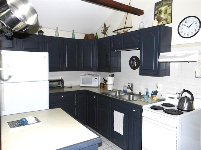 55A Millville Cir, Salem, NH 03079 - kitchen with a sink, white appliances, backsplash, and lofted ceiling
