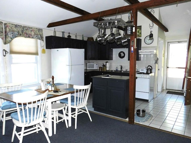 55A Millville Cir, Salem, NH 03079 - kitchen featuring white appliances, ventilation hood, tile patterned flooring, dark countertops, and backsplash