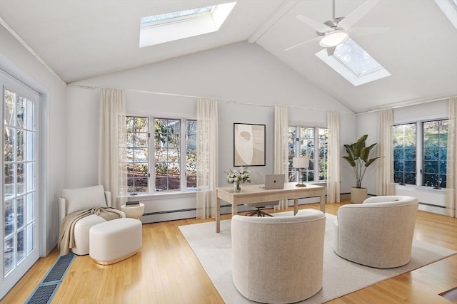 office area featuring lofted ceiling with skylight, plenty of natural light, wood finished floors, and a ceiling fan