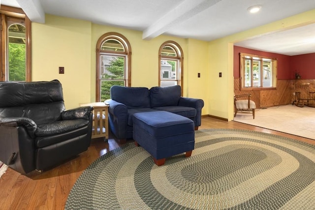 121 Liberty St, Middleton, MA 01949 - living room with wood finished floors, beamed ceiling, and recessed lighting