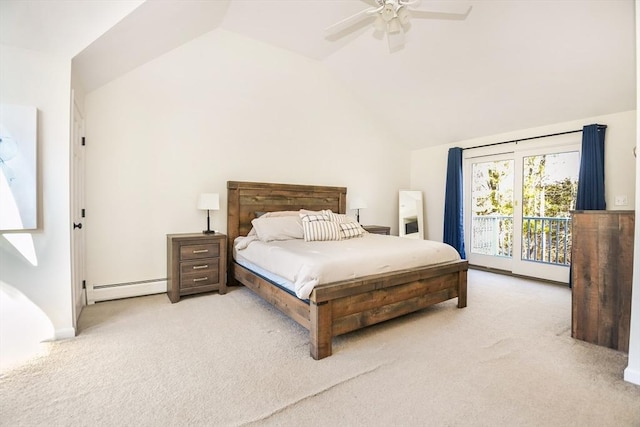 bedroom featuring a ceiling fan, access to exterior, baseboard heating, vaulted ceiling, and carpet