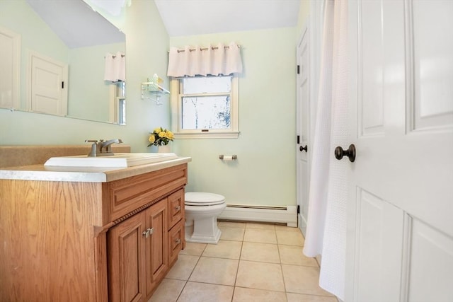 bathroom with vanity, toilet, tile patterned flooring, and a baseboard radiator