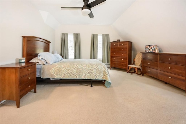 bedroom featuring light colored carpet, ceiling fan, and lofted ceiling