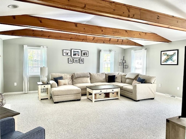 carpeted living area featuring baseboards and healthy amount of natural light