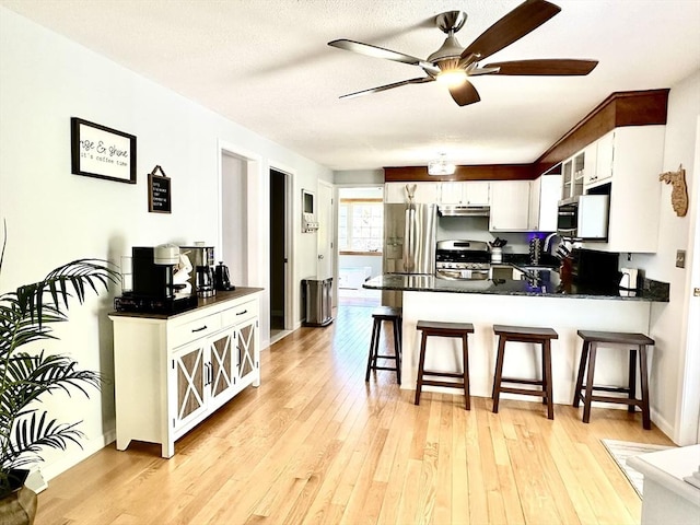 kitchen featuring appliances with stainless steel finishes, under cabinet range hood, a peninsula, and dark countertops