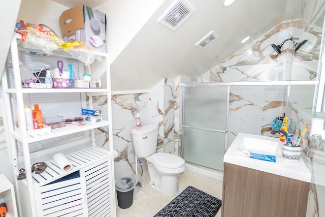 33 Williams St, New London, CT 06320 - bathroom featuring vanity, a shower stall, and vaulted ceiling