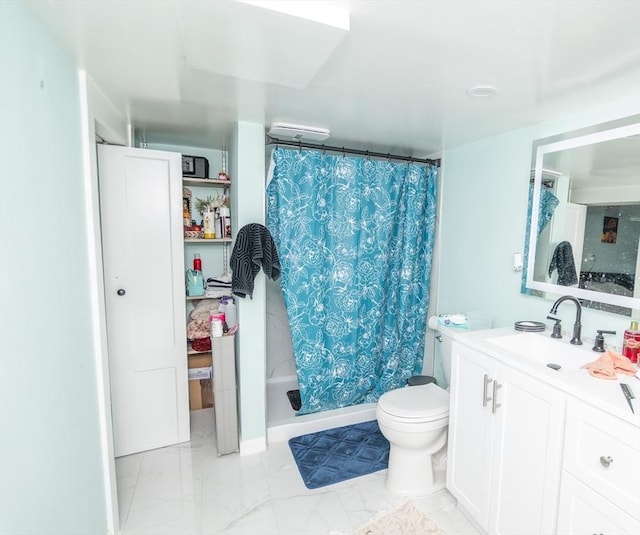 33 Williams St, New London, CT 06320 - bathroom featuring vanity, curtained shower, and marble finish floors