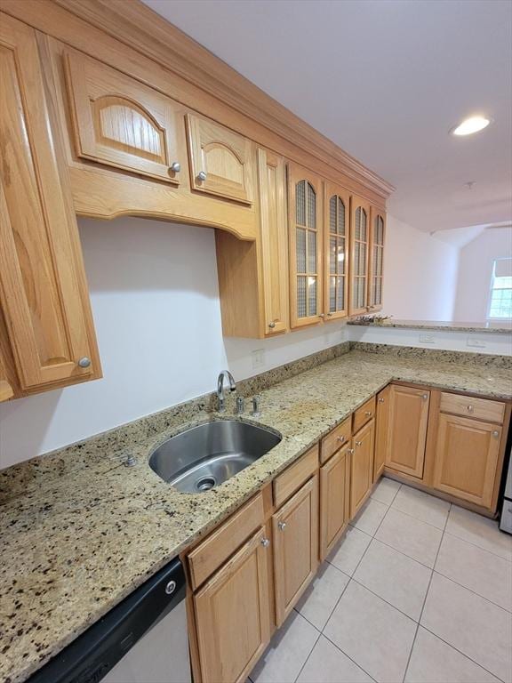281 Rowley Bridge Rd Unit 7, Topsfield, MA 01983 - kitchen featuring a sink, dishwasher, light tile patterned floors, glass insert cabinets, and light stone countertops