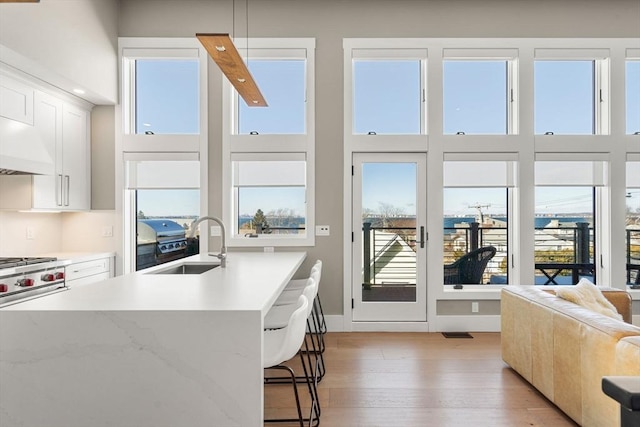 interior space featuring light wood-style flooring, a towering ceiling, white cabinets, a sink, and a kitchen breakfast bar