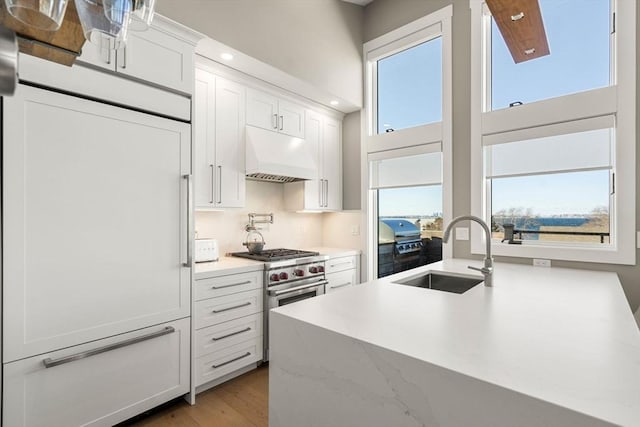 kitchen with high end stove, white cabinetry, custom exhaust hood, and a sink