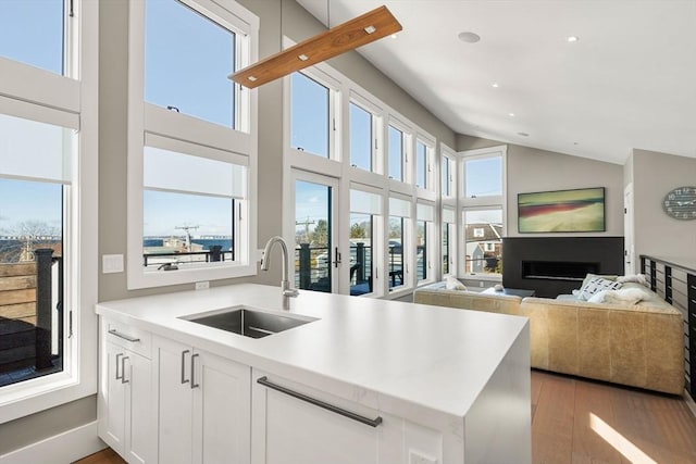 kitchen with a fireplace, light countertops, light wood-style floors, white cabinets, and a sink