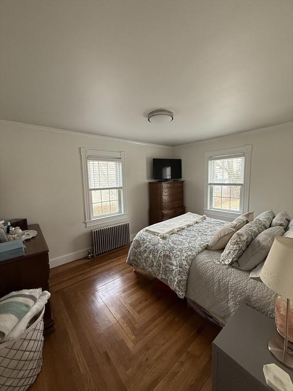 bedroom featuring multiple windows, crown molding, dark hardwood / wood-style floors, and radiator heating unit