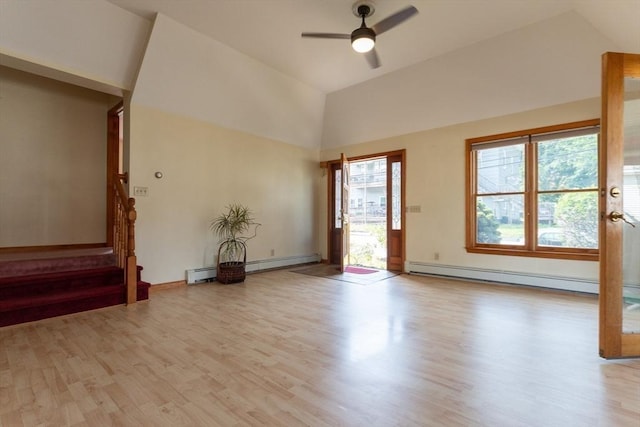 135 Main St, Blackstone, MA 01504 - unfurnished living room with baseboard heating, wood finished floors, high vaulted ceiling, stairway, and a ceiling fan
