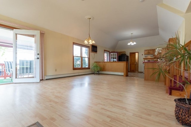 135 Main St, Blackstone, MA 01504 - unfurnished living room featuring a chandelier, light wood-type flooring, lofted ceiling, and a baseboard heating unit