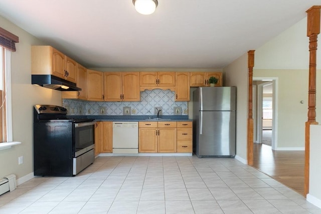 135 Main St, Blackstone, MA 01504 - kitchen with stainless steel appliances, under cabinet range hood, tasteful backsplash, dark countertops, and baseboard heating
