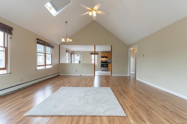 135 Main St, Blackstone, MA 01504 - unfurnished living room featuring a ceiling fan, light wood-style flooring, a chandelier, a baseboard heating unit, and high vaulted ceiling