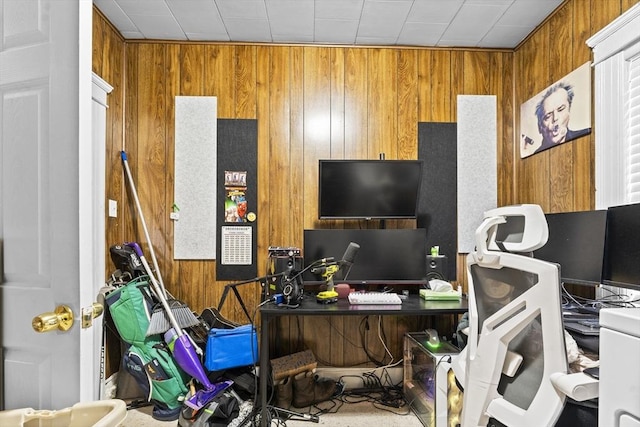 office space featuring wooden walls