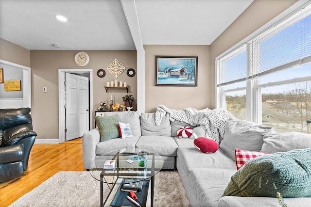 living room with wood-type flooring and beam ceiling