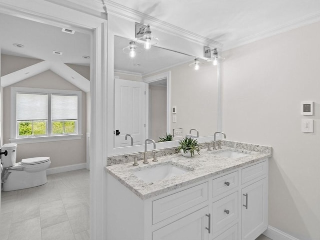 1164 Main St, Hingham, MA 02043 - full bath featuring baseboards, double vanity, toilet, and ornamental molding