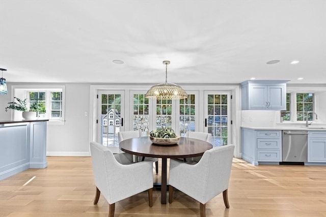 1164 Main St, Hingham, MA 02043 - dining space with french doors, light wood-type flooring, baseboards, and recessed lighting