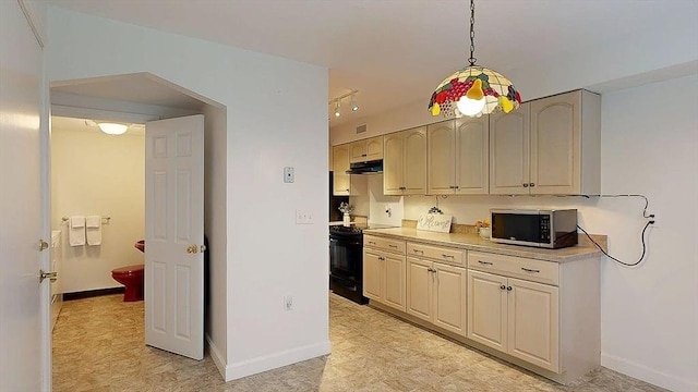 33 Cobblestone Ln Unit 33, Worcester, MA 01606 - kitchen featuring black electric range oven, stainless steel microwave, under cabinet range hood, light countertops, and baseboards