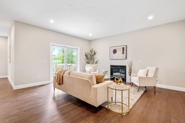 59A Mount Ave, Worcester, MA 01606 - living area with baseboards, wood finished floors, a high end fireplace, and recessed lighting