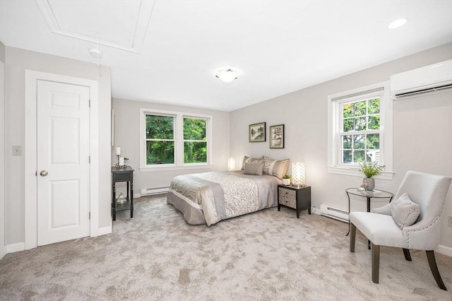 15 Eustis Ave, Wakefield, MA 01880 - bedroom featuring attic access, an AC wall unit, light colored carpet, a baseboard heating unit, and baseboards