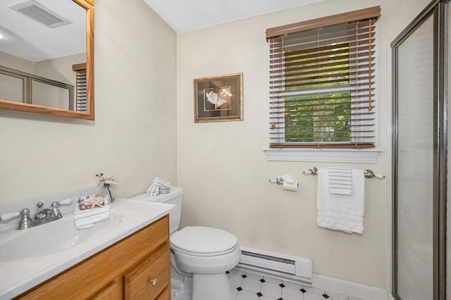 15 Eustis Ave, Wakefield, MA 01880 - bathroom with baseboard heating, vanity, toilet, a shower with door, and baseboards