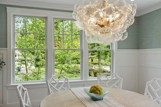 1 Beech Tree Ln, Lexington, MA 02421 - dining space with a decorative wall, a chandelier, wainscoting, and crown molding
