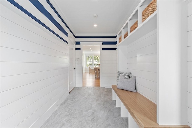1 Beech Tree Ln, Lexington, MA 02421 - mudroom with wooden walls, crown molding, and recessed lighting