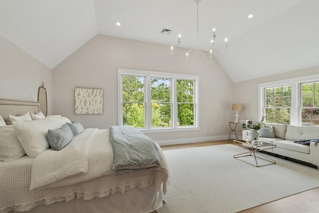 1 Beech Tree Ln, Lexington, MA 02421 - bedroom featuring lofted ceiling, multiple windows, a chandelier, baseboards, and recessed lighting
